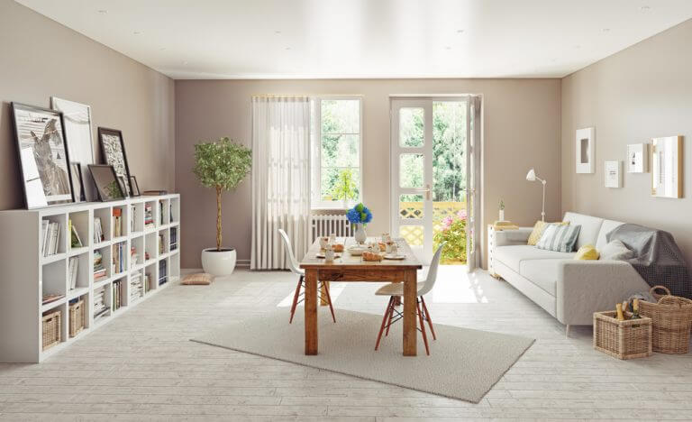 harmonia da sala de jantar e sala de estar integradas