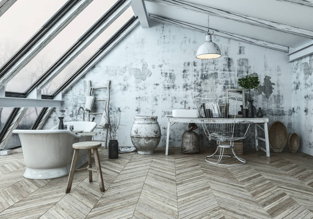 Banheiro rústico vintage com efeito desgastado